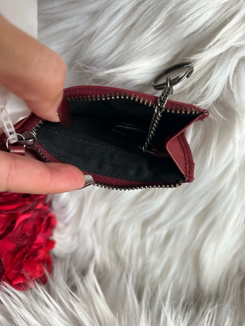 Red Leather Zip Card Holder Wallet with Anchor Detail